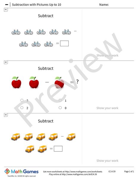 Sample full worksheet preview for Subtraction with Pictures Up to 10