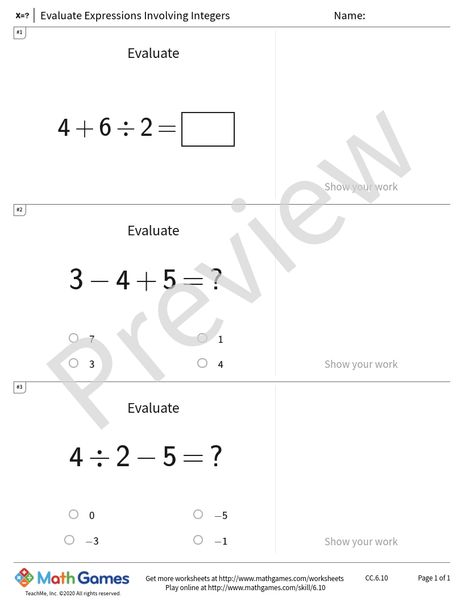 Sample full worksheet preview for Evaluate Expressions Involving Integers