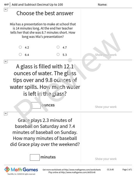 Sample full worksheet preview for Add and Subtract Decimal Up to 100