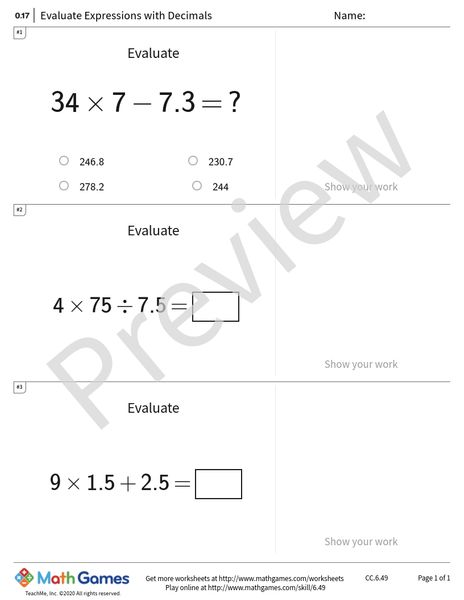 Sample full worksheet preview for Evaluate Expressions with Decimals