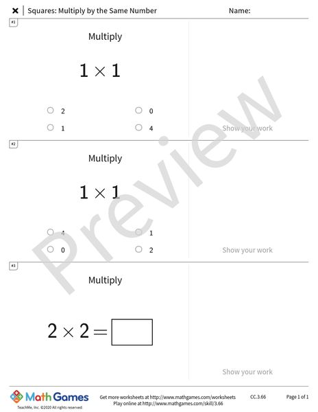 Sample full worksheet preview for Squares: Multiply by the Same Number