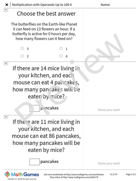 Sample full worksheet preview for Multiplication with Operands Up to 100 II
