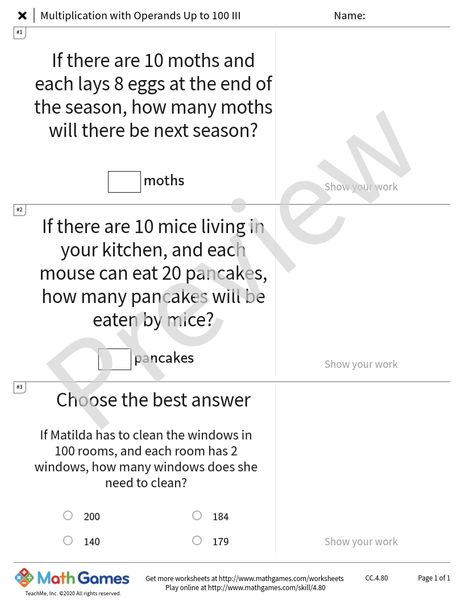 Sample full worksheet preview for Multiplication with Operands Up to 100 III