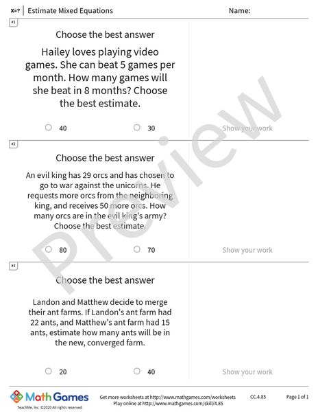 Sample full worksheet preview for Estimate Mixed Equations