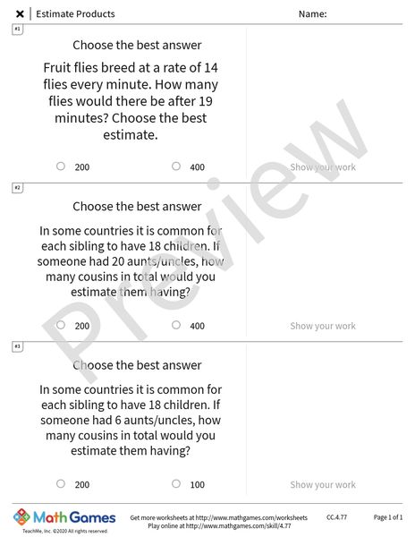 Sample full worksheet preview for Estimate Products