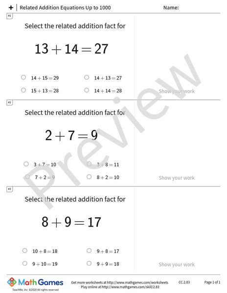 Sample full worksheet preview for Related Addition Equations Up to 1000