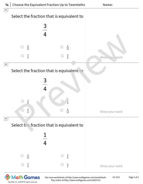 Sample full worksheet preview for Choose the Equivalent Fraction Up to Twentieths