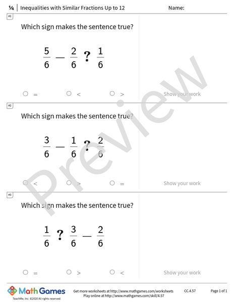 Sample full worksheet preview for Inequalities with Similar Fractions Up to 12
