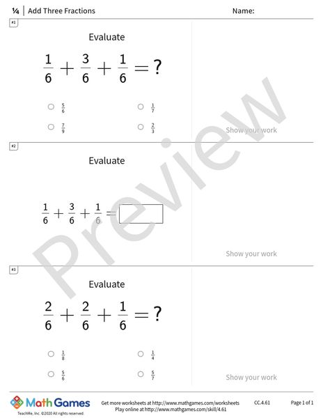 Sample full worksheet preview for Add Three Fractions
