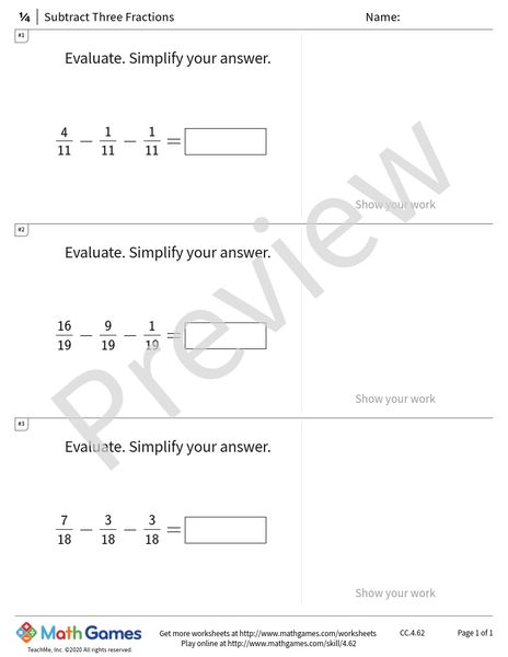 Sample full worksheet preview for Subtract Three Fractions