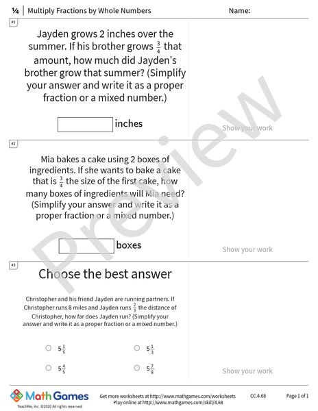 Sample full worksheet preview for Multiply Fractions by Whole Numbers