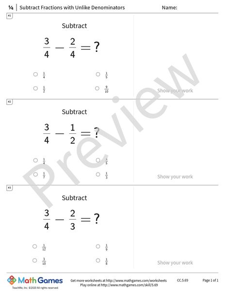 Sample full worksheet preview for Subtract Fractions with Unlike Denominators