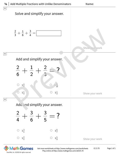 Sample full worksheet preview for Add Multiple Fractions with Unlike Denominators