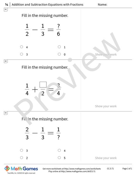 Sample full worksheet preview for Addition and Subtraction Equations with Fractions