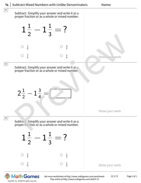 Sample full worksheet preview for Subtract Mixed Numbers with Unlike Denominators