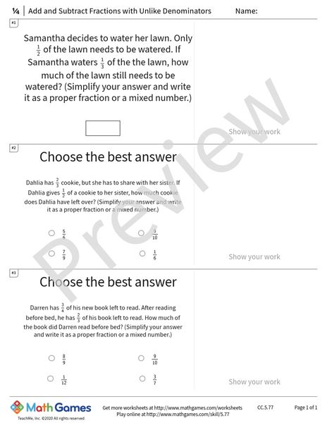 Sample full worksheet preview for Add and Subtract Fractions with Unlike Denominators