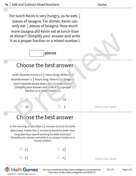 Sample full worksheet preview for Add and Subtract Mixed Numbers