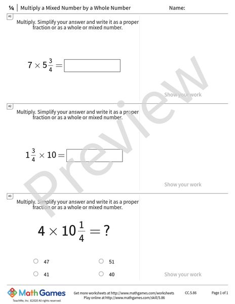 Sample full worksheet preview for Multiply a Mixed Number by a Whole Number