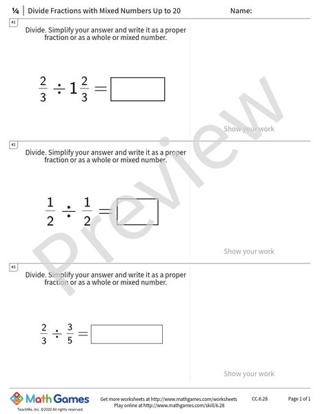 Sample full worksheet preview for Divide Fractions with Mixed Numbers Up to 20