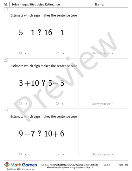 Sample full worksheet preview for Solve Inequalities Using Estimation