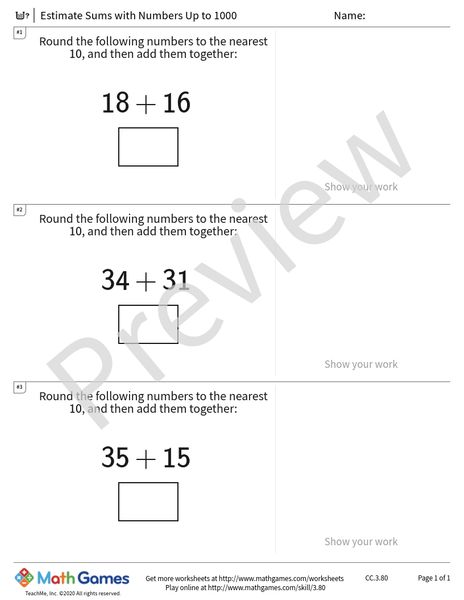 Sample full worksheet preview for Estimate Sums with Numbers Up to 1000