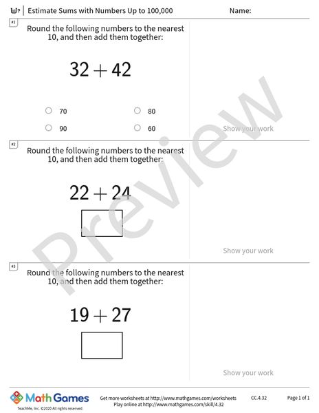 Sample full worksheet preview for Estimate Sums with Numbers Up to 100,000