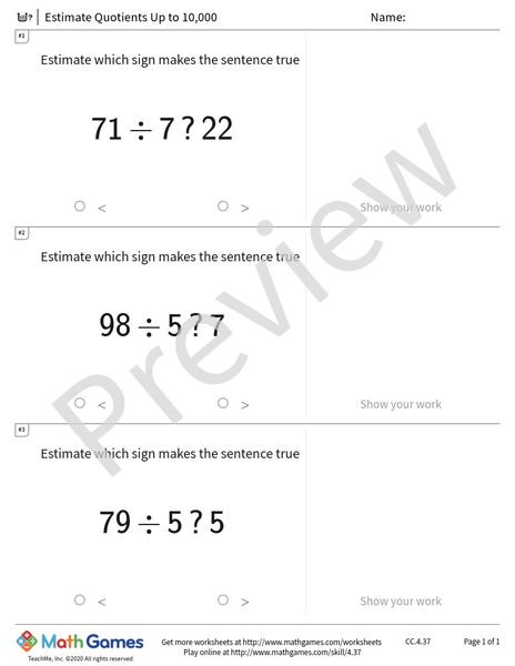 Sample full worksheet preview for Estimate Quotients Up to 10,000