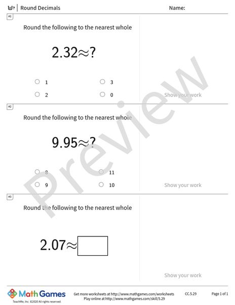 Sample full worksheet preview for Round Decimals