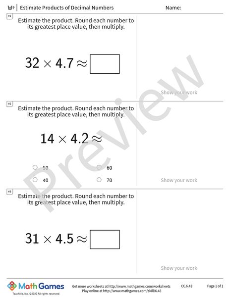 Sample full worksheet preview for Estimate Products of Decimal Numbers