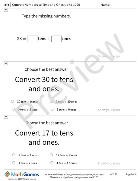 Sample full worksheet preview for Convert Numbers to Tens and Ones Up to 1000