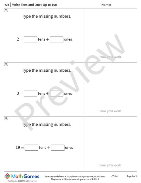 Sample full worksheet preview for Write Tens and Ones Up to 100