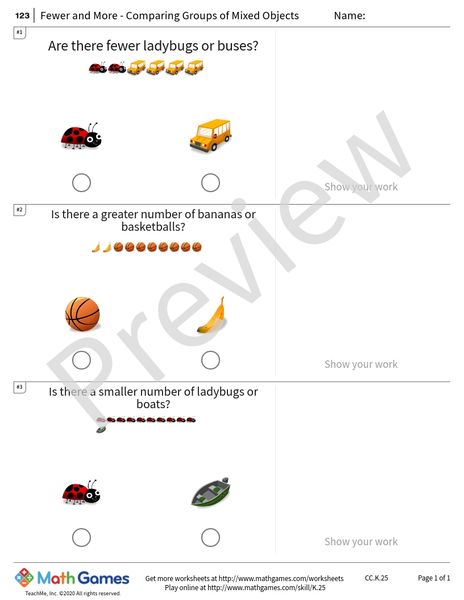 Sample full worksheet preview for Fewer and More - Comparing Groups of Mixed Objects