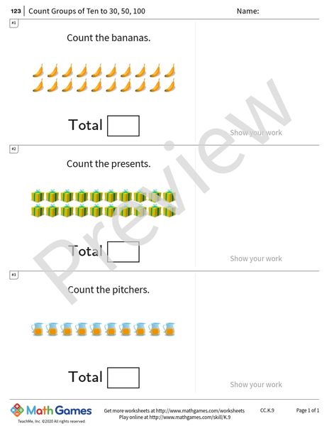 Sample full worksheet preview for Count Groups of Ten to 30, 50, 100