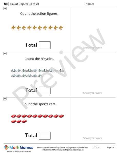 Sample full worksheet preview for Count Objects Up to 20