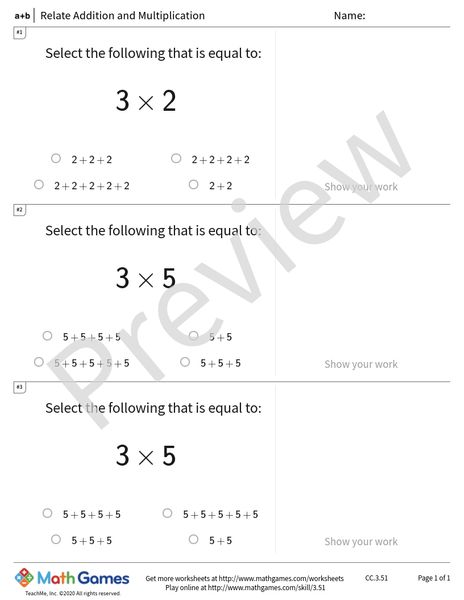 Sample full worksheet preview for Relate Addition and Multiplication