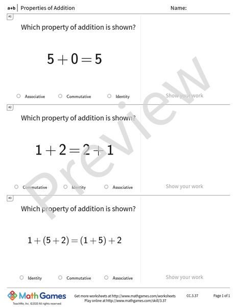 Sample full worksheet preview for Properties of Addition