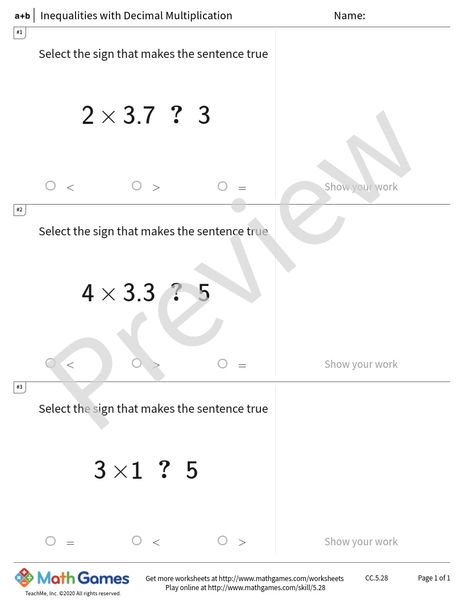 Sample full worksheet preview for Inequalities with Decimal Multiplication