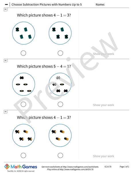 Sample full worksheet preview for Choose Subtraction Pictures with Numbers Up to 5
