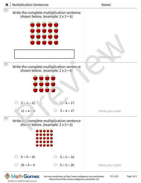 Sample full worksheet preview for Multiplication Sentences