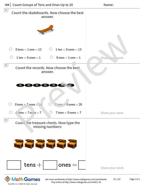 Sample full worksheet preview for Count Groups of Tens and Ones Up to 20