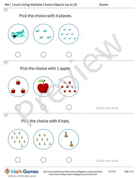 Sample full worksheet preview for Count Using Multiple Choice Objects Up to 20