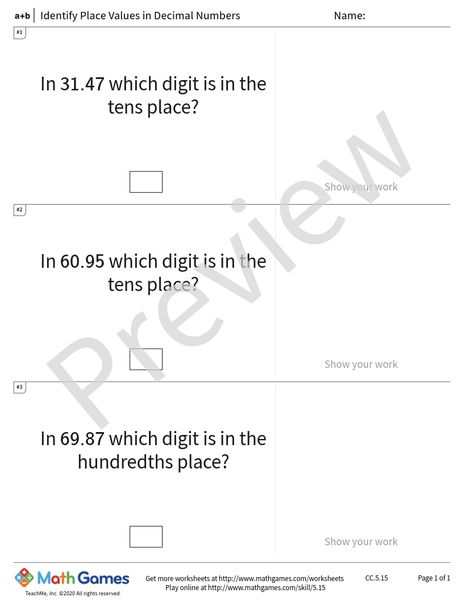 Sample full worksheet preview for Identify Place Values in Decimal Numbers