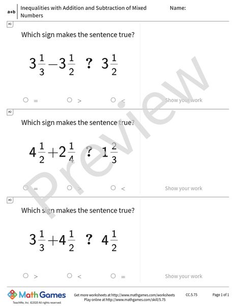 Sample full worksheet preview for Inequalities with Addition and Subtraction of Mixed Numbers
