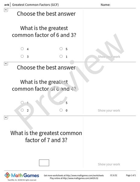 Sample full worksheet preview for Greatest Common Factors (GCF)