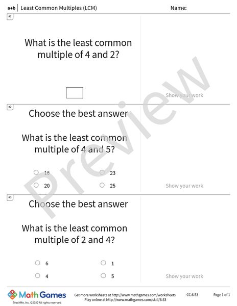 Sample full worksheet preview for Least Common Multiples (LCM)