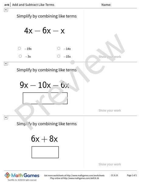 Sample full worksheet preview for Add and Subtract Like Terms