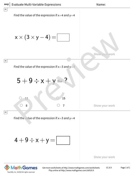 Sample full worksheet preview for Evaluate Multi-Variable Expressions
