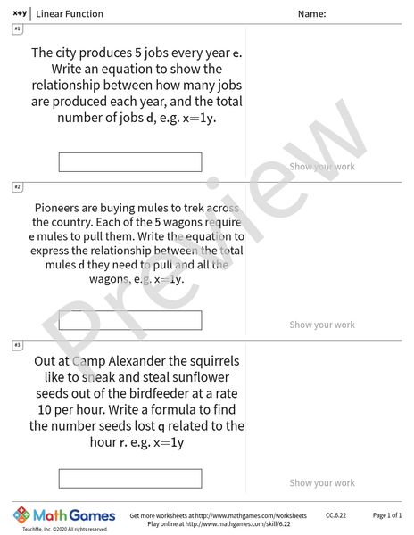 Sample full worksheet preview for Linear Function