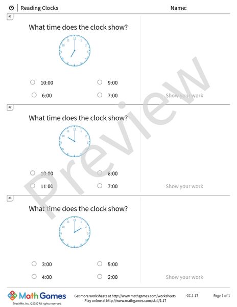 Sample full worksheet preview for Reading Clocks