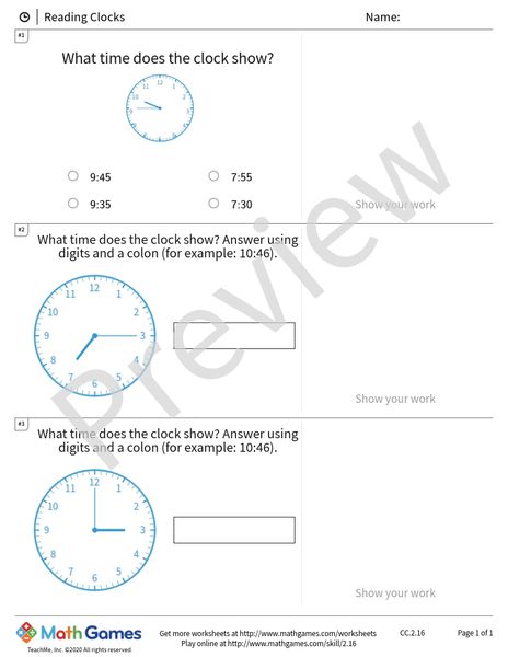 Sample full worksheet preview for Reading Clocks